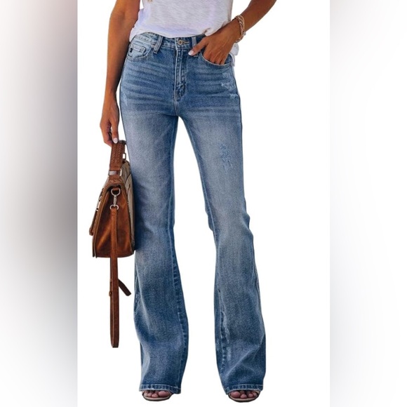 Koinshha Womens High Waisted Jeans Flare Stretch Boyfriend Bootcut Casual Jeanss - Picture 2 of 4
